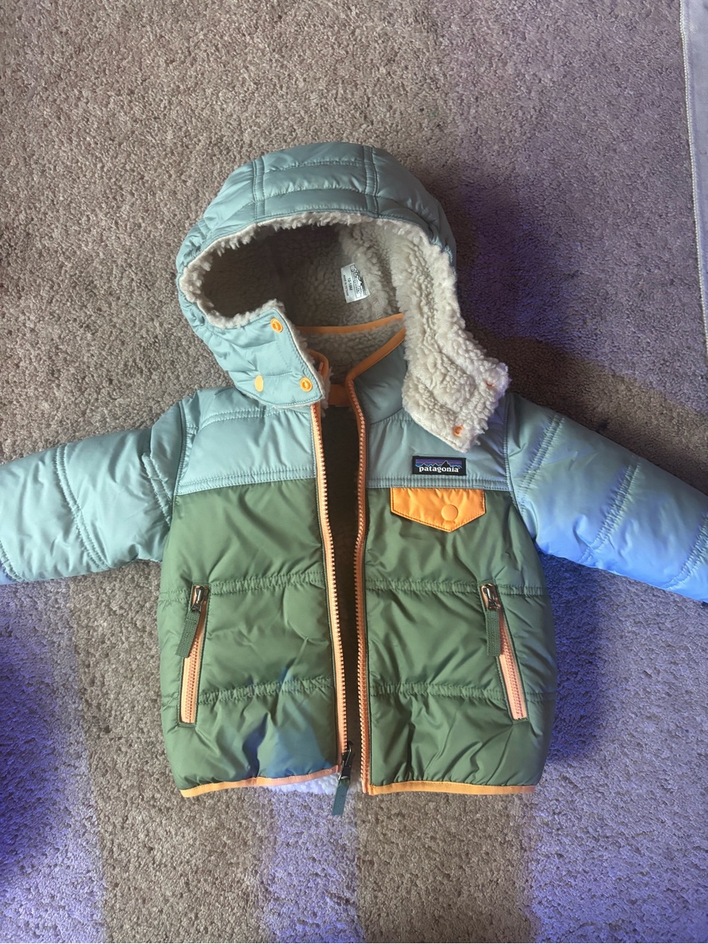Patagonia Kids Puffer Jacket - Sage Green, Light Blue & Orange Accents